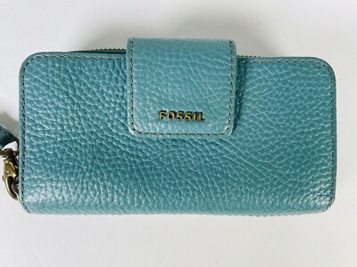 Fossil Madison Wallet Wristlet Zip Clutch Turquoise Leather Bi