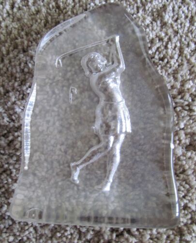 OLDER GLASS PAPERWEIGHT WITHA FEMALE GOLFER 6 3/4" HIGH  SMALL CHIP ON BACK - Picture 1 of 3