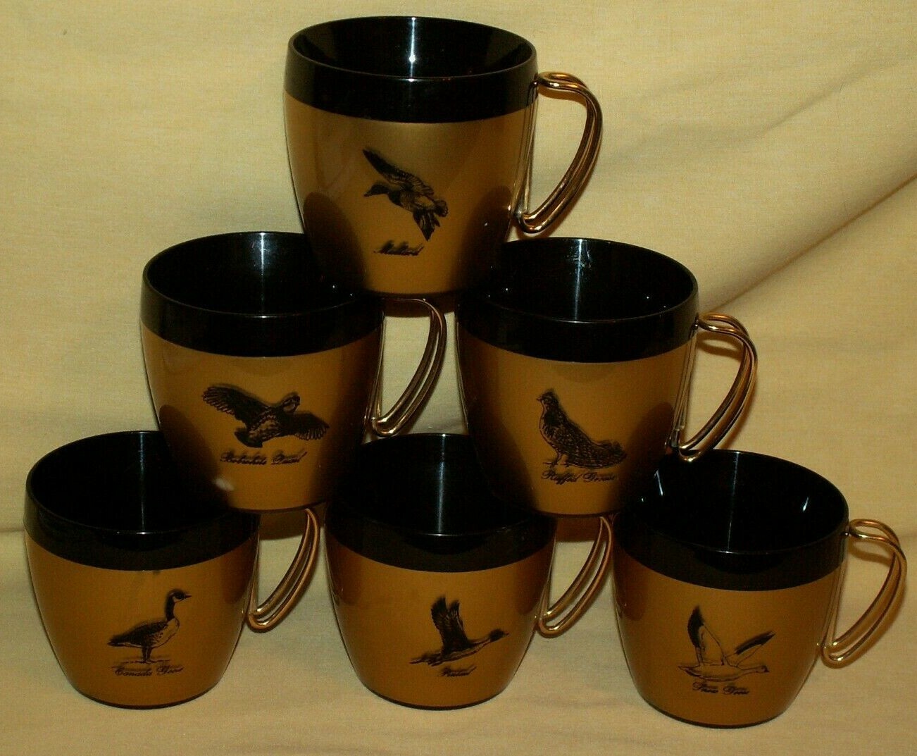 DUCK MUG SET 6 GOLD BLACK PLASTIC NFC MALLARD CANADA GOOSE QUAIL SNOW PINTAIL.