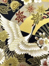 Japanese cranes fabric, metallic heron stork birds, gold black, oriental chinese