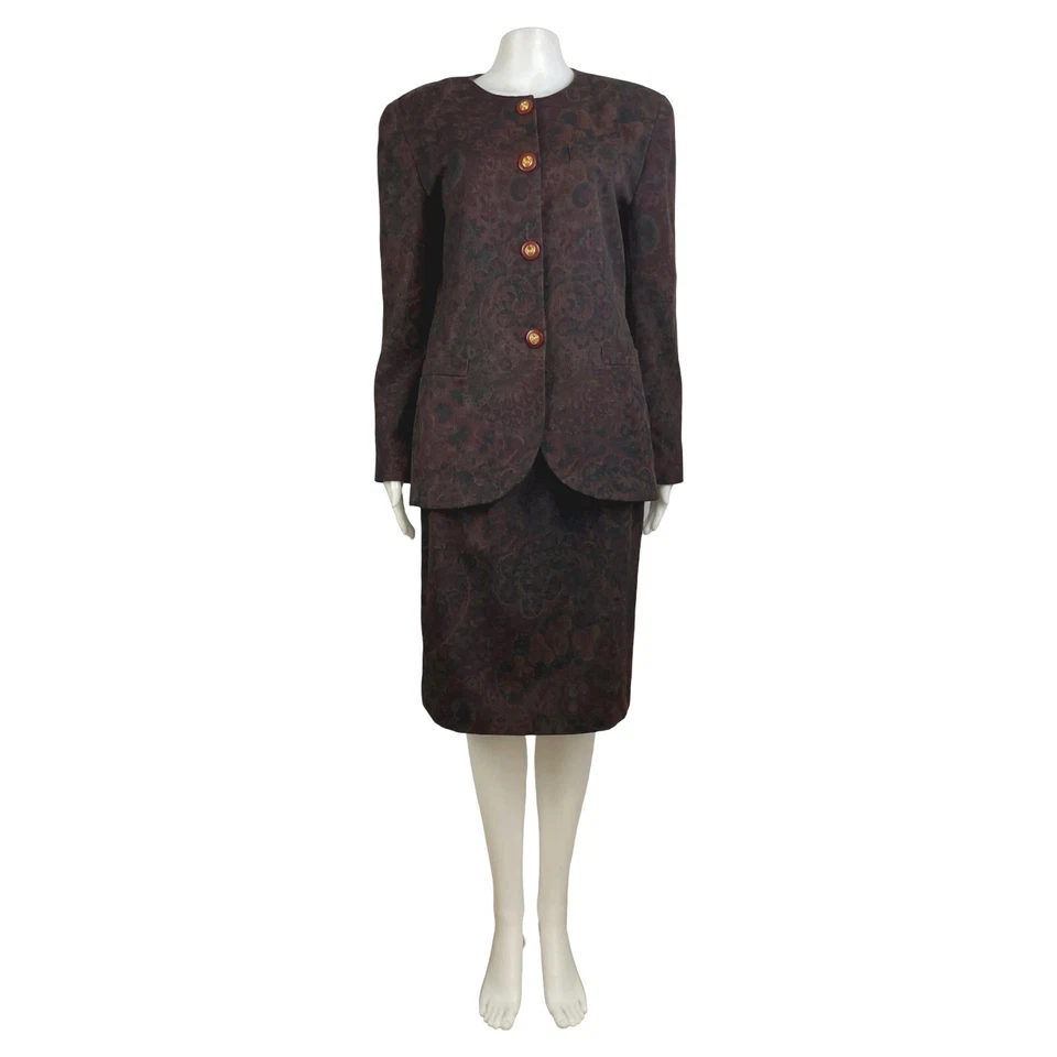 Conjunto de traje vintage floral de cachemira para mujer talla pequeña años 80 sarga blazer y falda Foto 2 de 4