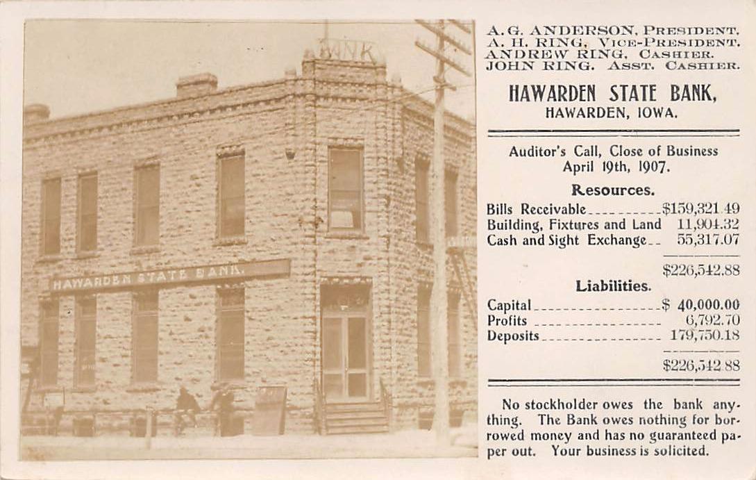 RPPC HAWARDEN STATE BANK Hawarden, Iowa 1907 Vintage Postcard eBay