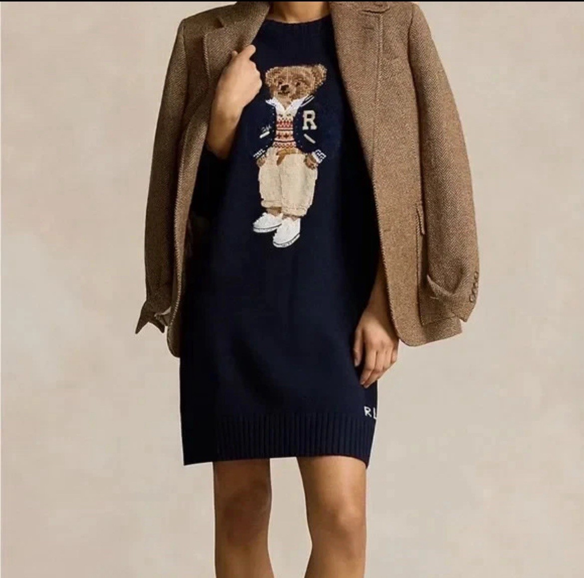 Polo Ralph Lauren Womens Crewneck Bear Sweater Dress Navy NWT Sz Small $498 Rare image 5