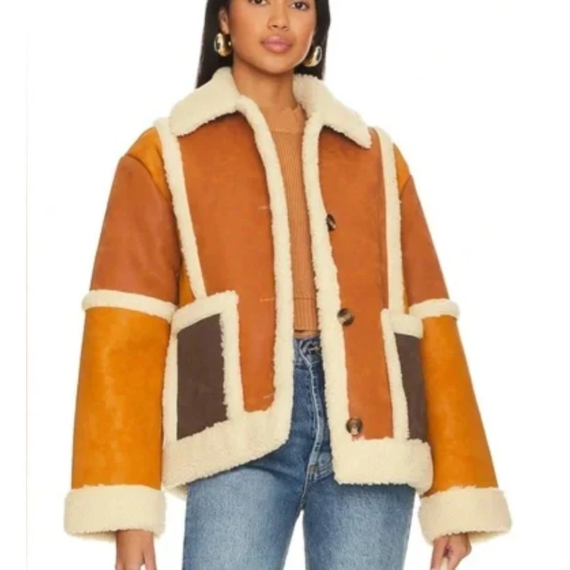 L'Academie Sherpa Jacket Patchwork Brown Suede SMALL Fleece Oversized $348 NEW