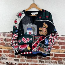 Vintage Eagles Eye Sweater Womens Small Wool Knit Bear House Floral Pullover 80s