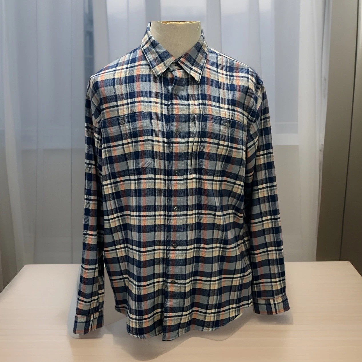 Orvis Men’s Plaid Shirt L Blue Orange Cotton Blend Button Down Stretch Outdoor