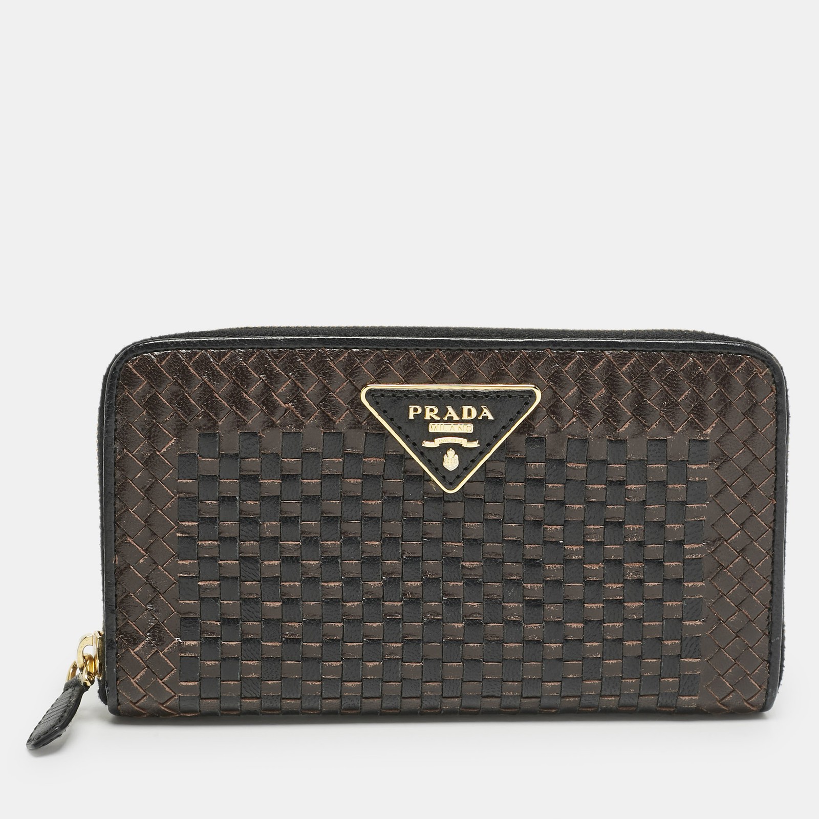Prada Woven Madras Leather Zip Wallet in Brown and Black