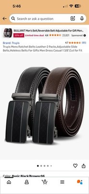 Men Belt 2 Pack Leather Ratchet Belt Easy Click Slide For Men 1 3/8''Cut for F...