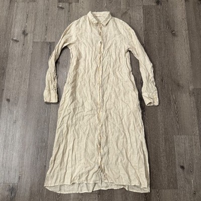 CP Shades Shirt Dress Womens S Beige 100% Linen Button Down Midi Long Sleeve