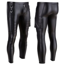 Black Faux Leather Biker Pants for Men Slim Fit Leggings with Cargo Pocket