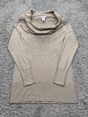 Cache Sweater Women Small Beige Studded Long Sleeve Taupe Cowl Neck Pullover Top