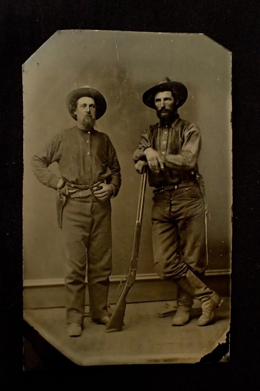 CIRCA 1860-1900 COWBOYS TINTYPE WINCHESTER RIFLE PISTOLS BOOTS EXCELLENT IMAGE