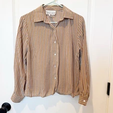 Vtg Jones Wear Womens Vertical Stripe Silk Button Up Top Size 10P Timeless Lux
