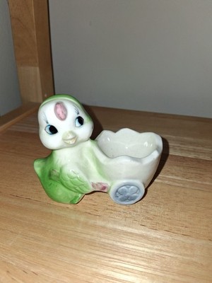 Vtg Made in Japan- Chick pushing egg shaped cart figurine - mid-century