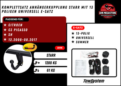 Anhängerkupplung Komplettsatz starr +ES 13 für Citroen C3 Picasso BJ 12.08-08.17