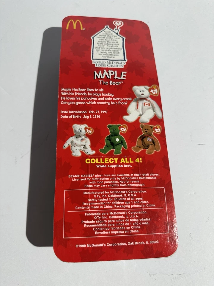 Rare Ty Maple Bear 1993 Oakbrook Tush Tag Error MWMT McDonalds VTG Sealed Canada - Image 2 of 4