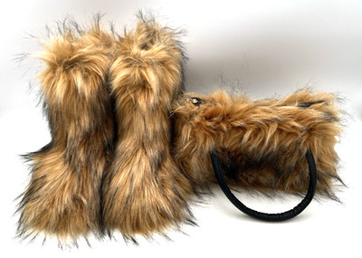 BROWN & BLACK FAUX FUR HANDBAG & MATCHING BOOTS SET SIZE 42 FURRY UNBRANDED