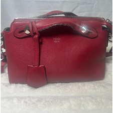 Fendi By The Way Red Mini Boston Bag Burgundy Leather Silver Studs Satchel 829
