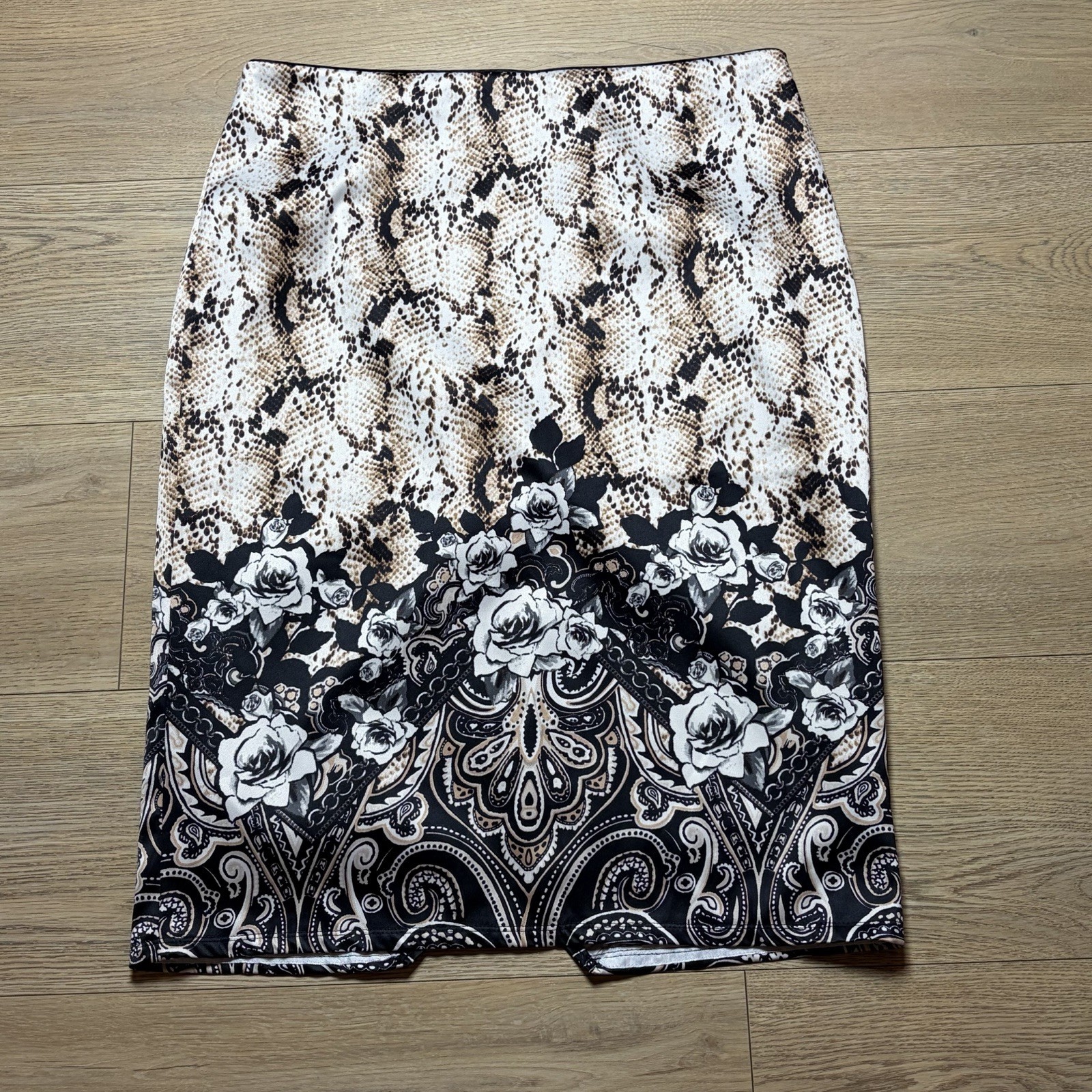 White House Black Market Brown Multi Snake Print Knee Length Pencil Skirt Sz 10
