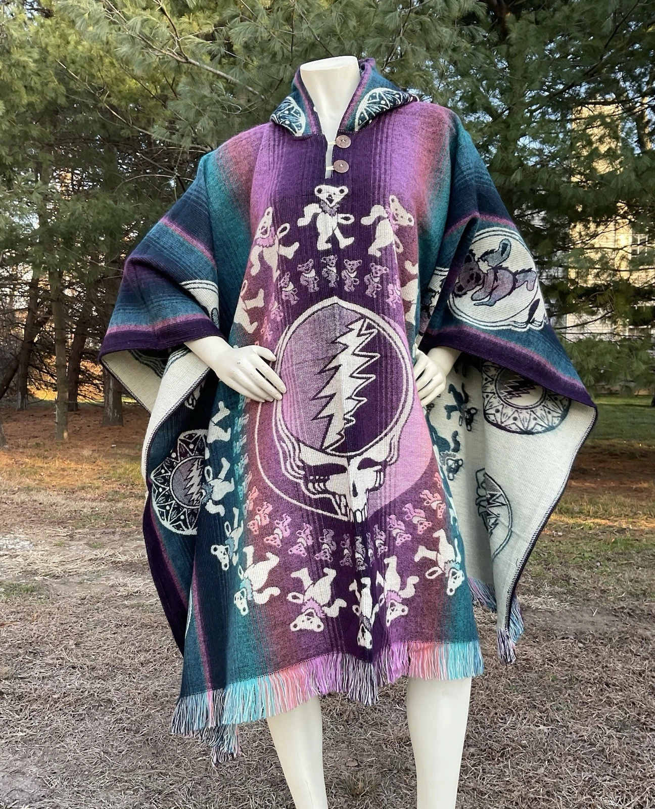 Exclusively Handcrafted ALPACA PONCHO, Grateful Dead Bear Mandala, Purple Unisex