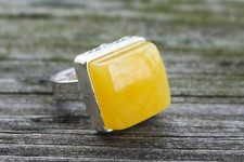Baltic Amber Butterscotch Ring Adjustable Square Milky Natural Untreated 925 Sil