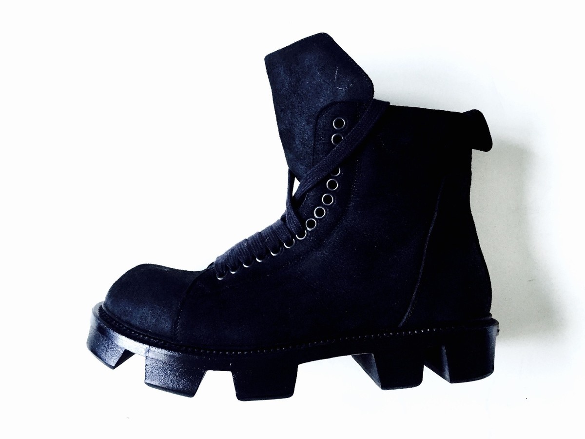 RICK OWENS MENS PLINTH HIKER BLACK LEATHER PLATFORM EYELET BOOTS