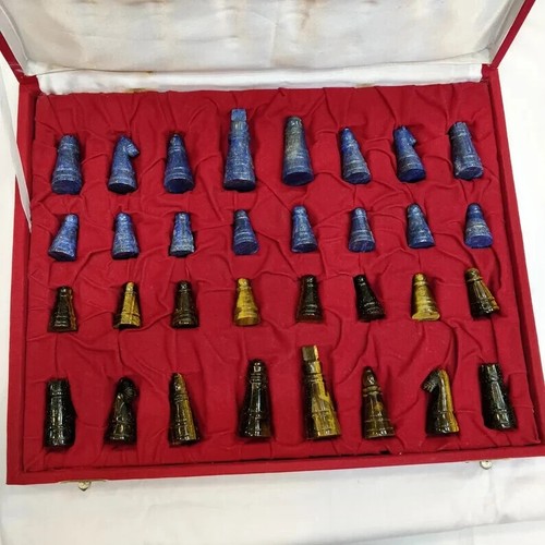 Tablero de ajedrez de mármol negro con lapislázuli y ojo de tigre conjunto piezas regalos decoración 🎁 - Imagen 10 de 14