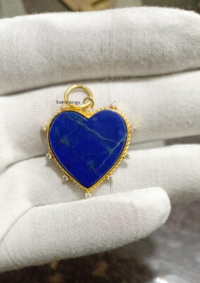 Beautiful Heart Silver Diamond Lapis Lazuli Charm Pendant Handmade Jewelry,Gift