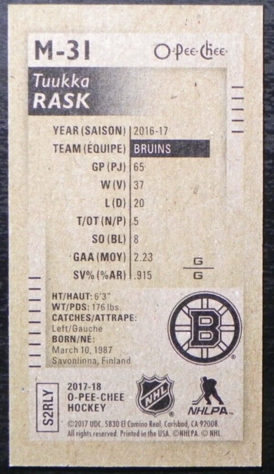 2017-18 17/18 O-Pee-Chee Minis M-31 Tuukka Rask Boston Bruins - Image 2 of 2
