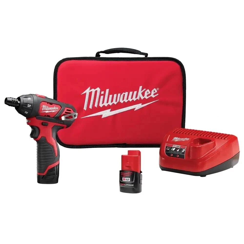 Milwaukee M12 12V Cordless 1/4 Hex Screwdriver Kit with 2 Batteries Charger and Tool Bag