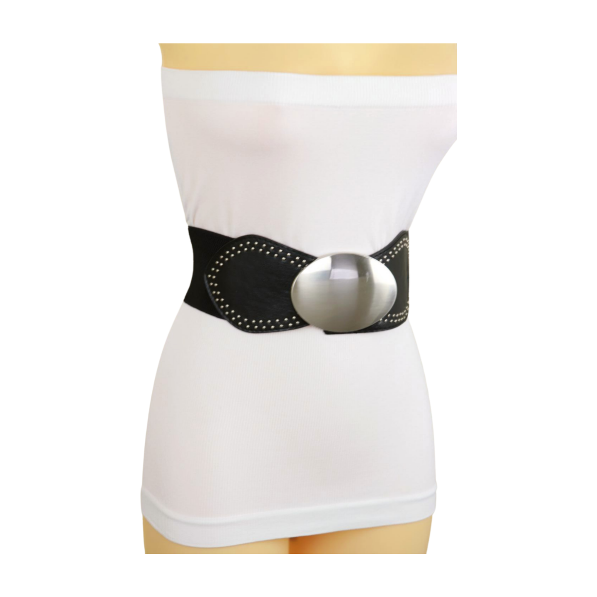 Women Black Faux Leather Elastic Band Belt Silver Studs Oval  display picture 2