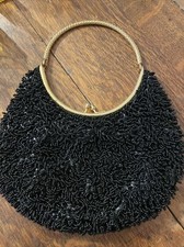vintage beaded Clutch Hong Kong/black/ Gold Medal Handle/10.5  -excellent