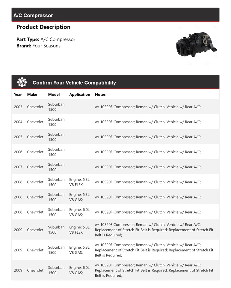 Compresor de aire acondicionado Chevrolet Suburban 1500 2003-2009 4 estaciones 2004 2005 2006 Foto 2 de 4