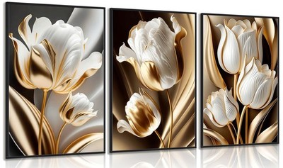 3Pcs Abstract White Gold Floral Wall Art Modern Luxury Minimalism Painting Pi...