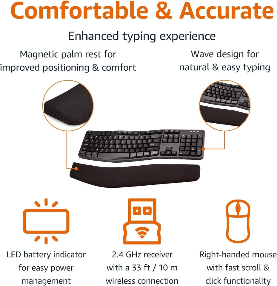 Amazon Basics Ergonomic Wireless Keyboard and Mouse Combo for Black  - Image 3 of 4