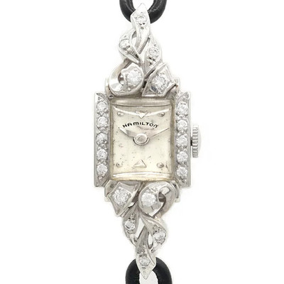 Hamilton Vintage Diamond K14WG White Gold Bezel Manual Silver Dial Ladies Watch