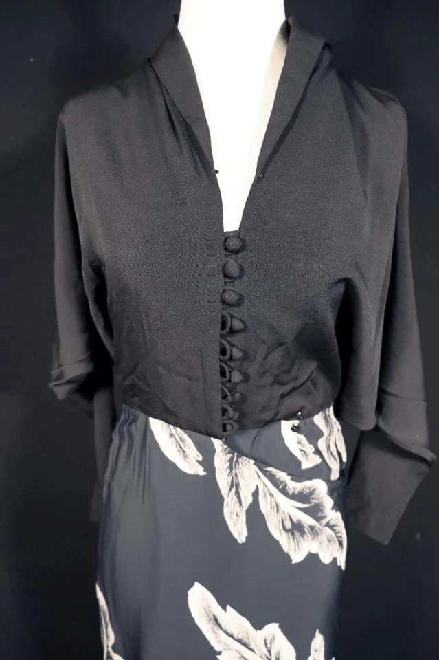 Rare Robe Longue En Rayonne Noire Florale Dorothy Lamour Années 1940 Taille 6 - Photo 2/4