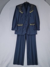 WEST LINE Men's Suit Blue 40 Western Faux Ostrich Leather Greek Key Double Vent