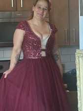 Burgundy Sequin Bodice Formal Ball Gown with Cap Sleeves