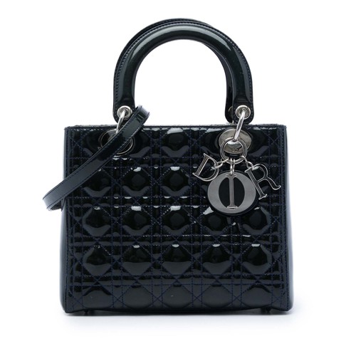 Dior Medium Patent Cannage Lady Pre-Loved Satchel Navy
