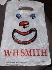 VINTAGE WH SMITH PLASTIC CARRIER BAG CLOWN FACE BOOKS DESIGN WHITE 1993