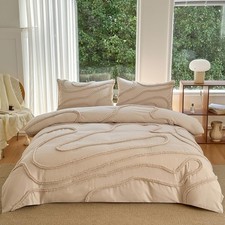 MEILA Washed Microfiber Duvet Cover Set Queen Size, Tufted Wavy Design 3 Piec...