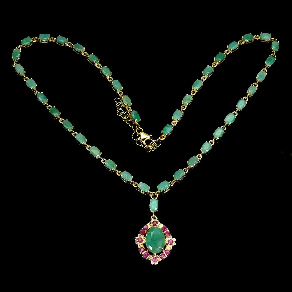 925 Sterling Silver Necklace Oval Emerald 12x9mm Ruby Gemstone Jewelry 17inches - Image 2 of 4