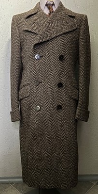 Herren 50er Jahre Zweireiher Beige Tweed Fischgrät Wollmantel Italienisch 42 L