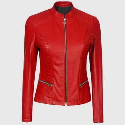 Damen Slim Fit Rote Lederjacke Stylische Cafe Racer Echtlederjacke - A46