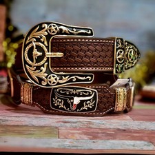 Longhorn Texas Western Belt Cowboy Cowgirl/ genuine Leather sz LG Brown Gold