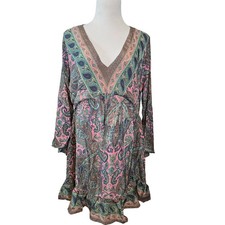 White Waves Boho Paisley Print V Neck Ruffle Dress Long Sleeve Women's S