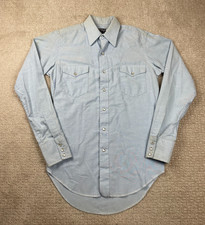 Vintage 70s Wrangler Western Shirt Mens 15x34 Chambray Pearl Snap Workwear USA