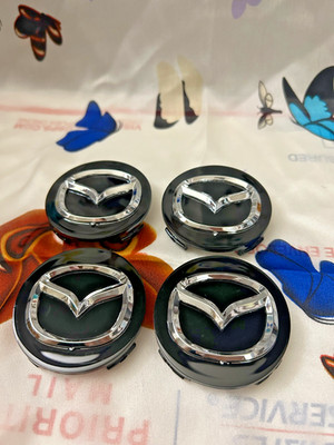 SET OF 4 MAZDA Black CENTER WHEEL CAPS CHROME EMBLEM 56MM HUB CAP LOGO