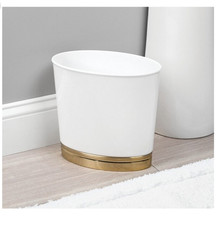 mDesign Oval Slim Plastic Small Trash Can Wastebasket - White/Soft Brass Base